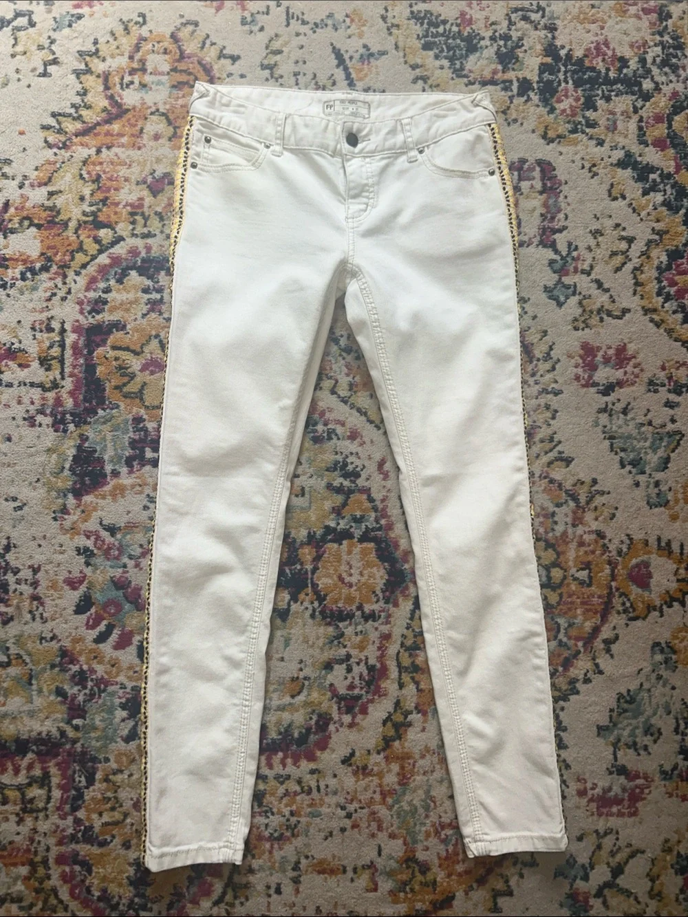 Free People Cream Skinny Jeans with Native American embroidered sides